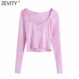 Zevity Spring Women Simply Tie Dyed Hooded T-shirt Ladies Long Sleeve Chic Camis Tank Casual Slim Knitting Crop Tops LS7631 210603