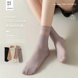 Super stretch velvet socks spring and summer wood ears light and breathable in the tube crystal stockings lace socks ladies 211204