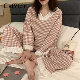 CAIYIER Korean Ulzzang Pink Plaid Print Pyjamas Set Lovely V-Neck Girls Nightwear Loose Casual Long Sleeve Winter Homewear Suit 211215