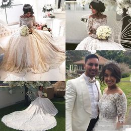 New Princess Ball Gown Wedding Dresses Long Sleeve Off-the-shoulder Crystals Beaded Luxury Lace Bridal Gowns 2022