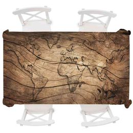 Anti-dirty Large Table Cloth Waterproof Tablecloth Wood World Map Rectangular Wedding Round Oilproof Cover 210626