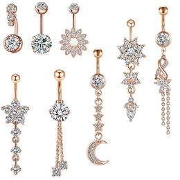 8pcs/set Crystal Flower Navel Piercing & Bell Button Rings Surgical Stainless Steel for Women Fashion Summer Beach Party Jewelry