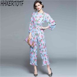 spring Fashion Women floral chiffon Jumpsuit Romper long Sleeve O neck Long wide leg Trousers plus size 210531