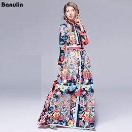 Runway Maxi Dresses Women High Quality Bow Neck Vintage Animal Print Floor Length Long Party Dress Vestidos Robe Femme 210306