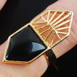 WOJIAER Single Natural Black Agate Gemstone Finger Ring Jewellery Women Geometric Nature Stones Party Rings Birthday Gift for Girls X3001
