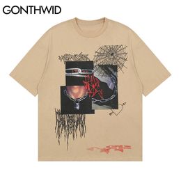 Tees Shirts Hip Hop Graffiti Print Short Sleeve T-Shirts Punk Rock Gothic Casual Streetwear Cotton Loose Fashion Tops 210602