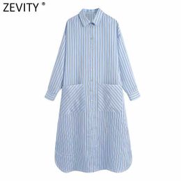 Zevity Women Vintage Striped Print Bow Sashes Shirt Dress Female Chic Big Pockets Patch Single Breasted Casual Vestidos DS8231 210603