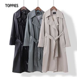 Toppies oversized leather trench coat for women womens clothes Long soft faux leather Jacket coat 210909