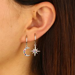 Fashion Colourful cz paved moon star dangle with gold Colour silver plated girl rainbow charm earring Jewellery