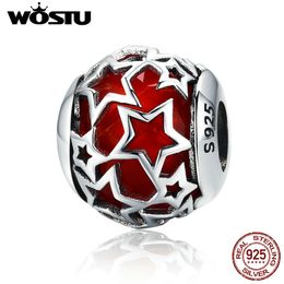 WOSTU Authentic 100% 925 Sterling Silver Shimmering Star Red Crystal CZ Beads fit Women Bracelets & Bangles Jewellery Gift Q0531