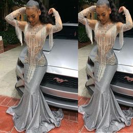 Sequin Mermaid Tassel Silver Prom Dresses Long Sleeves Plus Size jewel neck African Graduation Party Gowns Formal Dress