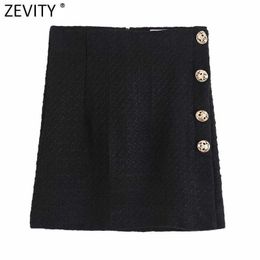 Zevity Women Vintage Side Buttons Decoration Casual Slim Pencil Skirt Faldas Mujer Female Back Zipper Chic Vestidos QUN708 210603