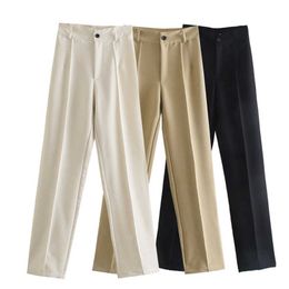 Ladies Za 2021 Chic Fashion Office Wear Solid Straight Pants High Waist Zipper Flying Line Women's Trousers Mujer Q0801