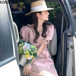 Korejpaa Women Dress Korean Chic Summer Elegant Gentle Solid Colour Square Collar Trim with Bow Bubble Sleeves Long Vestido 210526