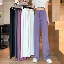 Summer Kintted High Waist Wide Leg Pants 2021 New Solid Colours Straight Pants Korean Lace-Up Oversize S-2XL Leggings Basic Casua Q0801