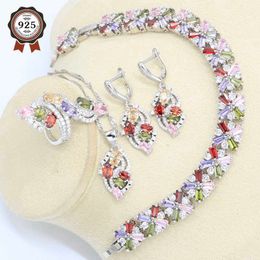 Multicolor Zircon Silver Colour Jewellery Set for Women Bracelet Earrings Necklace Pendant Ring Wedding Gift H1022