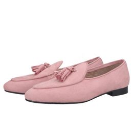 Pink Colour Velvet Tassel Dress Shoes Men Loafers British Style Classic Men Smoking Slippers For Wedding And Party Plus Size