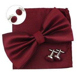 3PC Mens Bowtie Set Fashion Dot Solid Polyester Bow Tie Handkerchief Cufflinks Bar Party Wedding Business Daily Wear Accessories