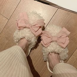 Mulheres faux lã peles chintos em casa mulheres interiores inverno chinelos bonito arco branco chinelos macios para meninas dorminhoco quarto sapatos H0914