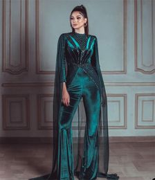 Hunter Green Jumpsuit Velvet Evening Dresses Long Sleeves With Wrap Beads Women Prom Dress Appliques Elegant Robe De Soriee