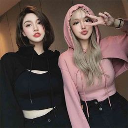 Women Fashion Casual Jogging Hoodies(with Camisole)Korean Loose Short Sweatshirt Female Cropped Hoodies Streetwear Hooded 210803