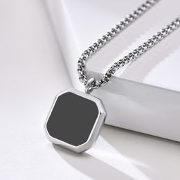 Stainless Steel Epoxy Black Enamel Square Pendant Men's Sweater Necklace Rolo Chain 3mm 24 Inch for XMAS Gifts