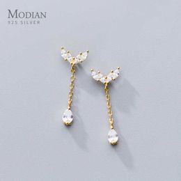 925 Sterling Silver Simple Gold Colour Swing Clear CZ Stud Earrings for Women Fine Jewellery 210707