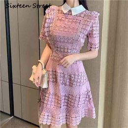 Summer Pink Lace Mini Dress Woman Sweet Style Turn-down Collar Hollow Out Casual Fashion Vestido Female Short 210603