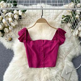 Women Fashion Short Tops Elastic Slimmed Square Collar Solid Colour Shirts Blouse Camisas De Mujer S107 210527