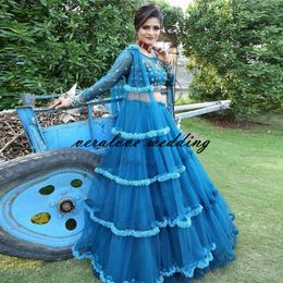 Formales Vestido De Fiesta De Boda Blue Indian Evening Dresses for Women Applique Two Pieces Prom Dress with Wrap Fas Kaftan