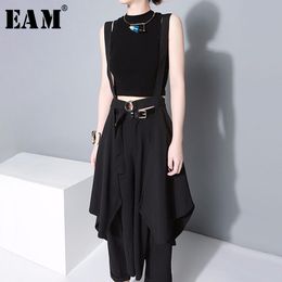 [EAM] 2021 New Spring Autumn High Waist Black Bandage Irregular Suspender Half-body Skirt Women Fashion Tide All-match JY932 210309