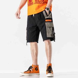 Casual Cargo Shorts Men Pocket Loose Knee Length Workwear Shorts Summer Elastic Waist Ribbon Work Harem Trousers Men H1210
