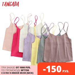 Tangada Women V Neck High Quality Satin Camis Spaghetti Strap Adjust Leeveless Silk Tank Tops Camisole 6L21 210609