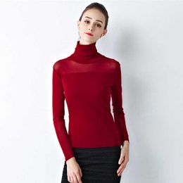 Korean Autumn Women Tshirts Woman Turtleneck Basic Shirt Tops Solid Long Sleeve Top Plus Size Mesh 210531
