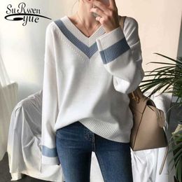 Spring White V-neck Sweater Autumn Winter Women's Sweaters Chic Korean Pullover Casual Basic Female Jumpers All-match 210527