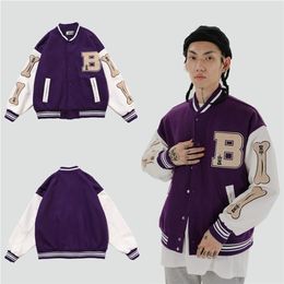 Mens Hip Hop Baseball Jacket Coats Big Letter B Bone Embroidery Patchwork Japan Korean Style Streetwear College Rock 211214