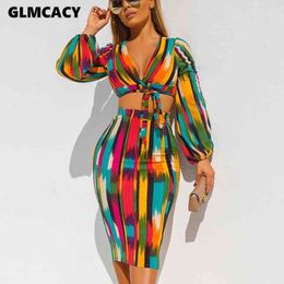 Women Long Sleeve Tie V Neck Crop Top and Midi Skirt Set Sexy Two Pieces Party Clubwear Elegant Boho Beachwear 210708