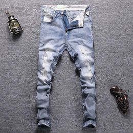 Men's Jeans Ly Street Fashion Men Retro Light Blue Elastic Slim Ripped Destroyed Embroidery Designer Hip Hop Denim Pants