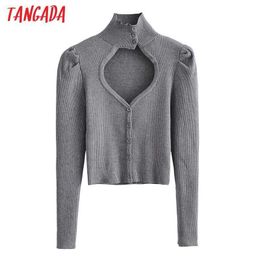 Tangada Chic Women Sexy Hollow Out Turtleneck Twist Sweater Vintage Ladies Short Style Knitted Jumper Tops AI40 210609