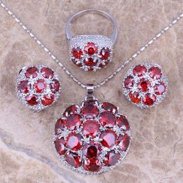 Gracious Red Garnet Silver Plated Jewelry Sets Earrings Pendant Ring Size 6 / 7 / 8 9 10 11 12