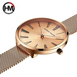 Drop JAPAN 2035 Quartz Movement Simple Design Ladies Stainless Steel Band Curved Face Rose Gold Wrist Watches For Women 210527