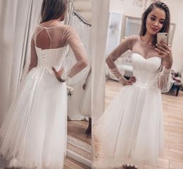 Illusion Wedding Dress Short Light Champagne 2021 Long Sleeve Puff A-Line Tulle Sweetheart Bridal Gowns Custom Made Point Net Elegant