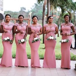 Pink Bridesmaid Dresses Short Sleeves Mermaid Floor Length Beaded Lace Applique Plus Size Maid Of Honour Gown Country Wedding Vestidos 403