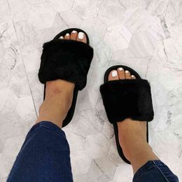 Women Slippers Furry Home Slides Woman Outside Beach Shoes Female Flat Plush Shoes Fur Slippers Woman Indoor Footwear Size 41 Y220221