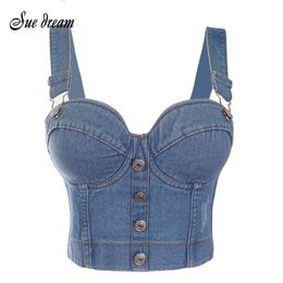 Denim Scratched Women's Spaghetti Strap Button Diamonds Ripped Push Up Bustier Night Club Party Crop Top New Corset Camise 210308