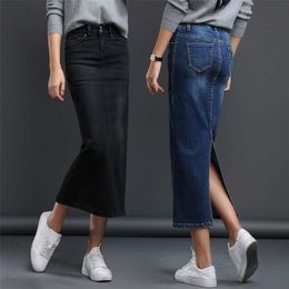 Lguc.H Classic Denim Skirt Woman Long Jeans Skirt Split High Waist Skirts Womens Women Skirt Washed Jupe Femme Black Blue 210310
