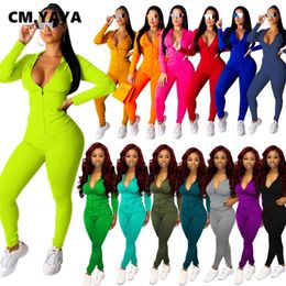 CM.YAYA Autumn Women Solid Zipper Up Long Sleeve Hooded Top Pencil Pants Suit Two Piece Set Casual Sporting Tracksuit Outfit 220315