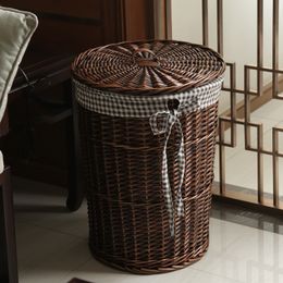 Laundry Basket Wicker Storage Box Handmade Woven Wicker Laundry Hamper Rattan Dirty Clothes Home Decorative Basket With Lid 210316