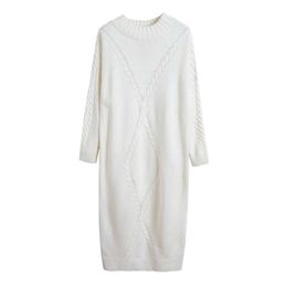 PERHAPS U Knitted Black White Crew Neck Midi Sweater Dress Autumn Winter Elegant Long Sleeve Stragiht Loose D1372 210529