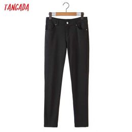 Tangada Fashion Women Black Suit Pants Trousers Buttons Lady Strethy Pants Pantalon 8H90 210609
